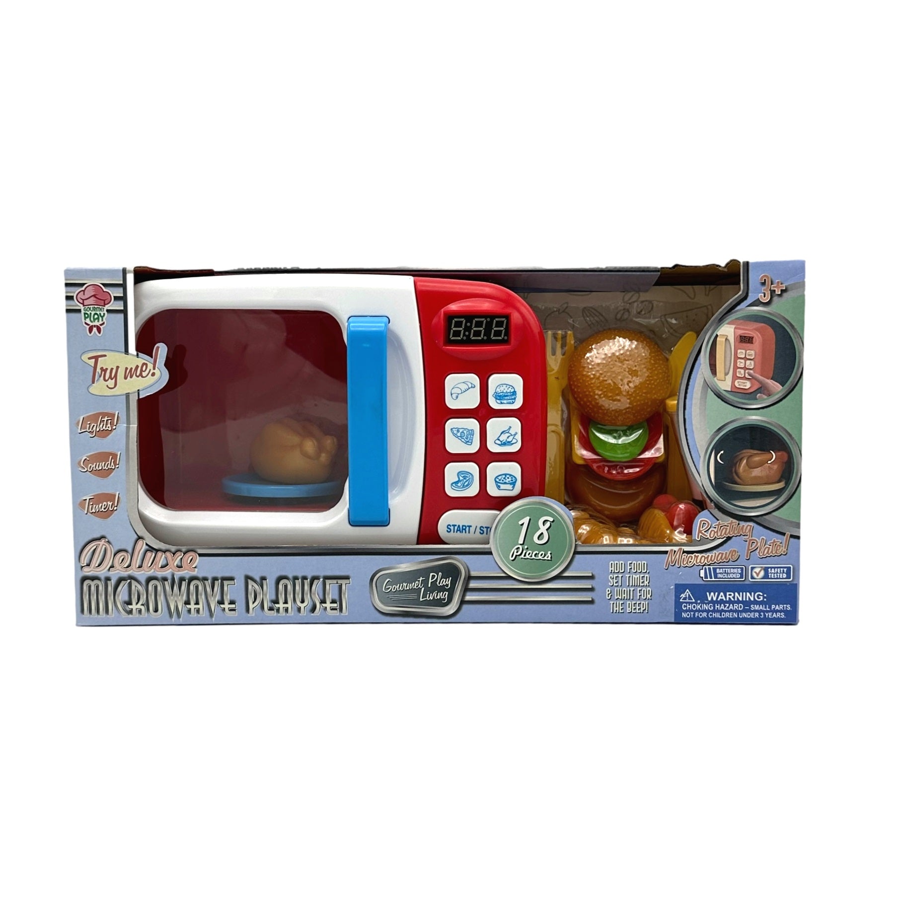 A toy microwave playset in its packaging.